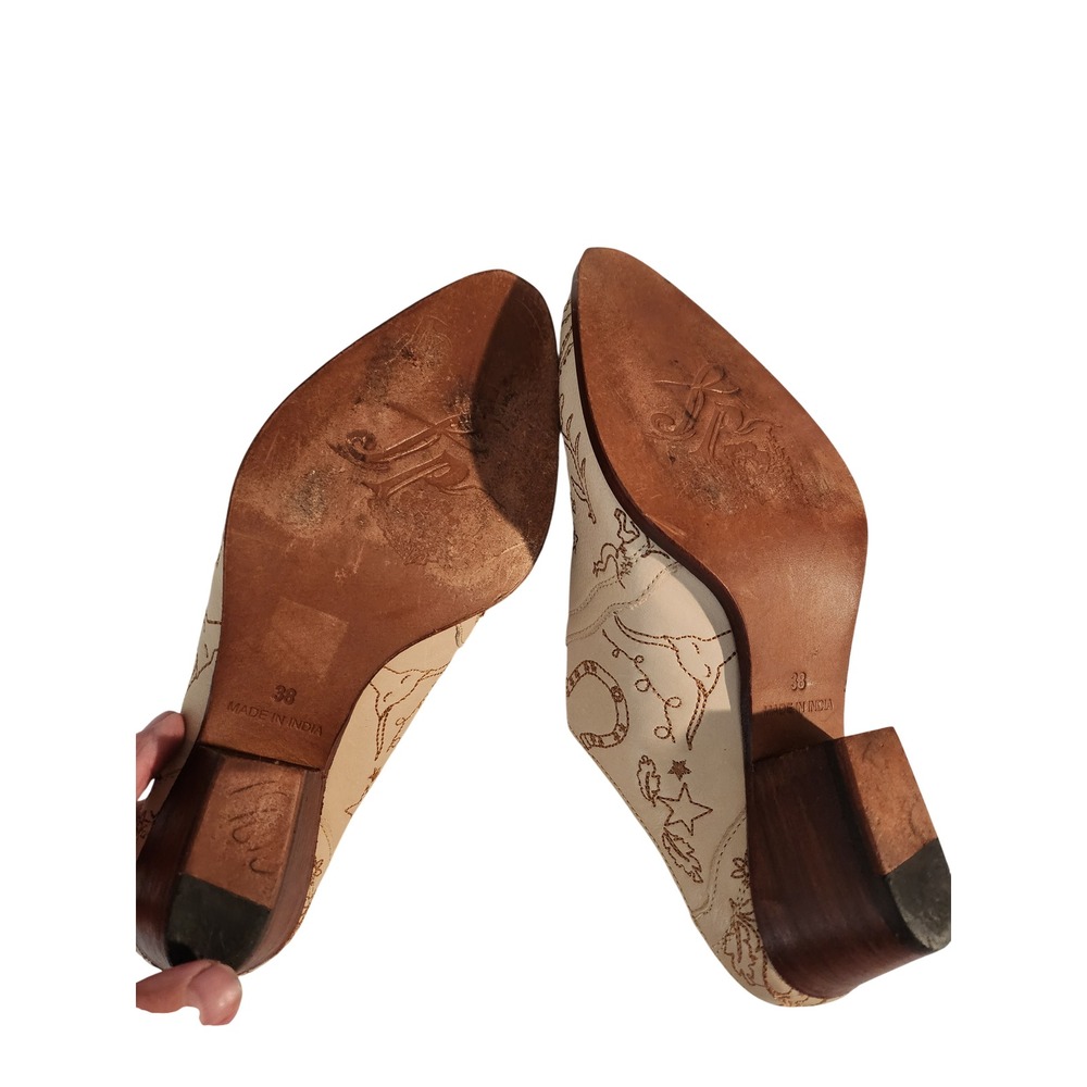 Free People Western Embroidered Leather Mules Cream Pointed Toe Cone Heel 38 - Picture 2 of 6